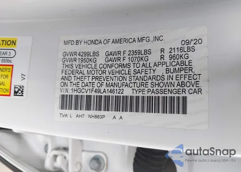 2020 Honda Accord Ex из США, поврежденный, VIN 1HGCV1F49LA146122